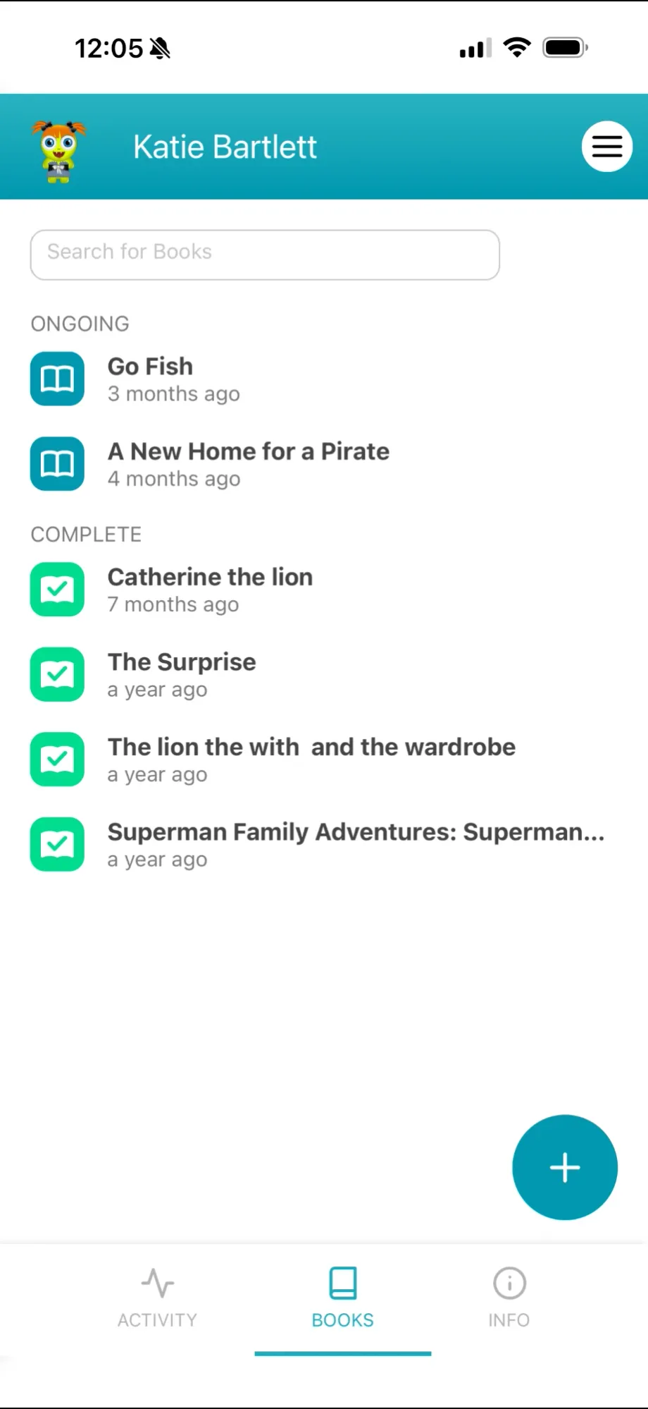 Parent app books list showing ongoing and completed books