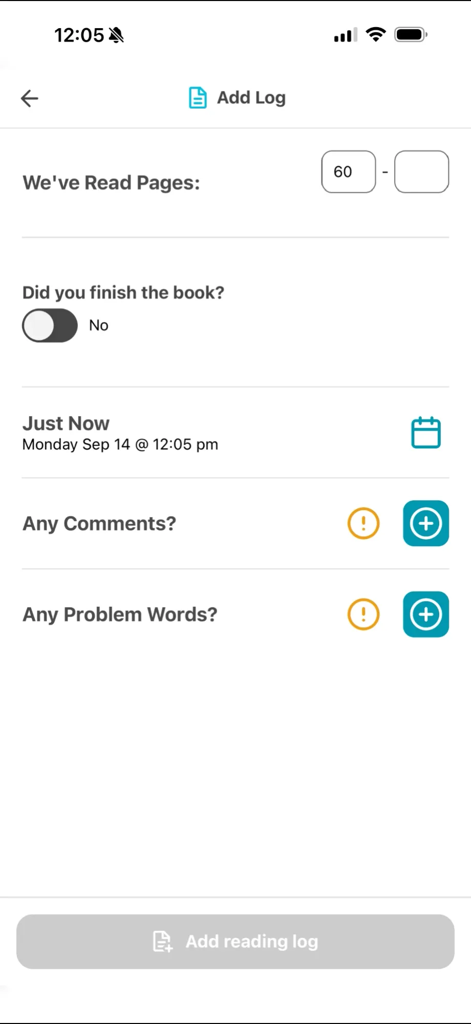 Parent app screen for adding a reading log with pages read, date, comments and problem words